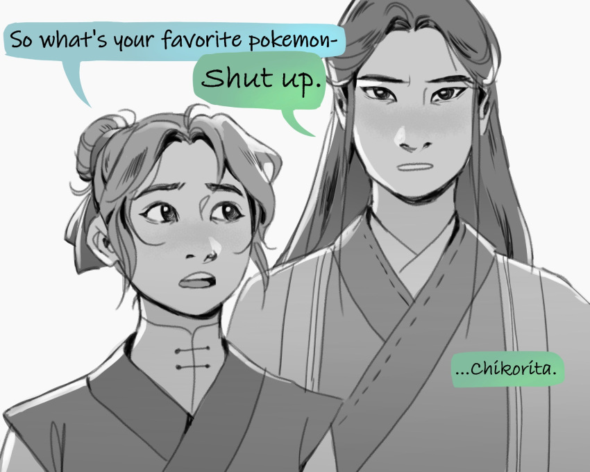 2boys, chinese_clothes, commentary, english_commentary, english_text, greyscale, hair_bun, half_updo