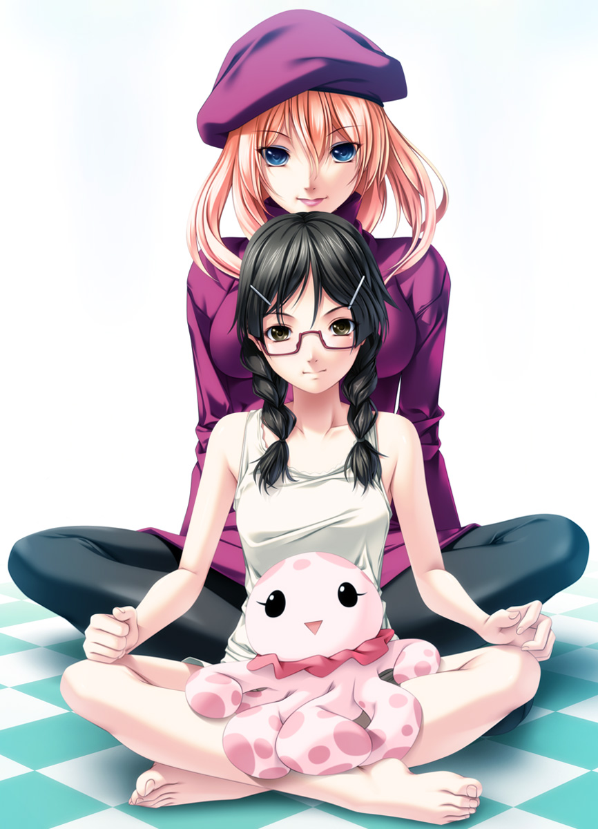 1boy, 1girl, blonde_hair, blue_eyes, braid, checkered, checkered_floor, clara_(kuragehime)