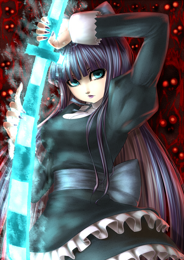 blue_eyes, bow, hair_bow, katana, long_hair, multicolored_hair, panty_&amp;_stocking_with_garterbelt, solo