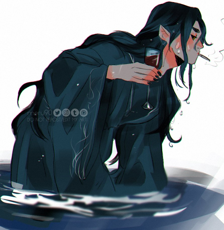 1boy, alcohol, androgynous, artist_name, black_hair, black_hanfu, black_nails, chinese_clothes