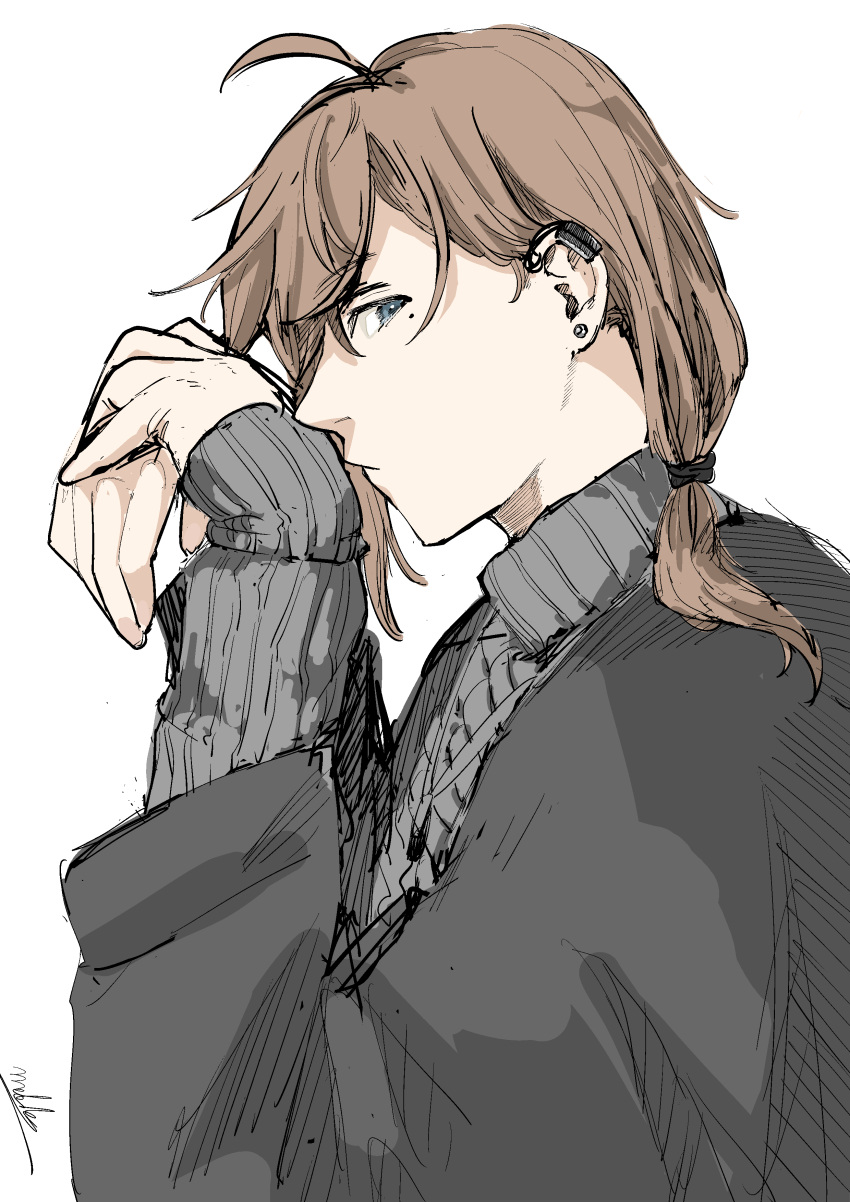 1boy, absurdres, ahoge, blue_eyes, brown_hair, closed_mouth, commentary, earclip