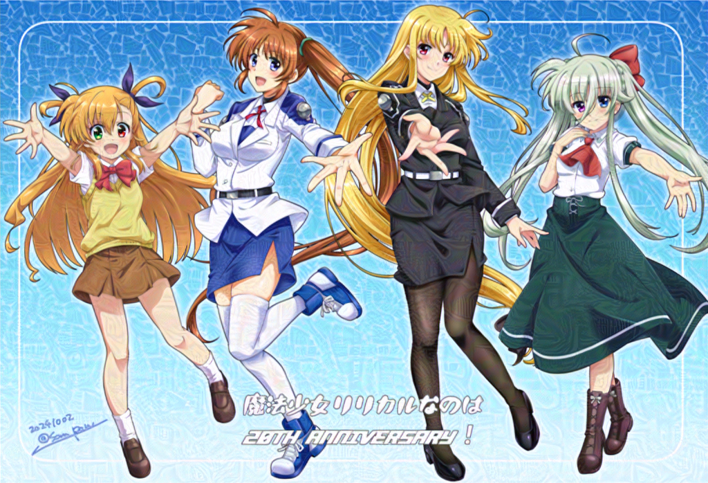 4girls, ahoge, animal_ears, blonde_hair, blush, boots, breasts, brown_hair, commentary_request, einhard_stratos, fate_testarossa, full_body, heterochromia, looking_at_viewer, lyrical_nanoha, medium_breasts, military_uniform, multiple_girls, pantyhose, reaching, reaching_towards_viewer, san-pon, school_uniform, simple_background, small_breasts, takamachi_nanoha, thigh-highs, twintails, twitter_username, vivid_strike!, vivio