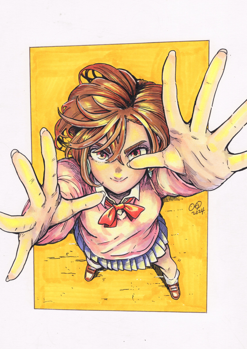 1girl, absurdres, arms_up, ayase_momo, blue_skirt, bow, brown_eyes, brown_hair