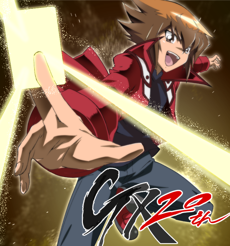 1boy, anniversary, brown_eyes, brown_hair, card, duel_academy_uniform_(yu-gi-oh!_gx), glowing_card, happy