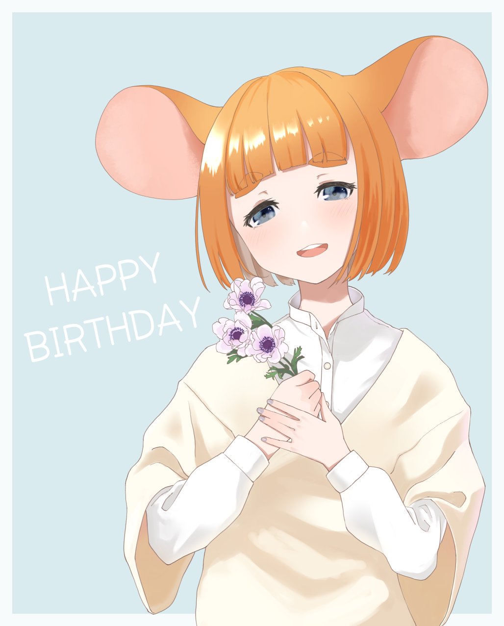 1girl, alternate_costume, alternate_hairstyle, animal_ears, aqua_background, blue_eyes, blunt_bangs, blush, bob_cut, border, collared_shirt, colored_inner_hair, commentary_request, fingernails, flower, flower_request, grey_hair, grey_nails, hands_up, happy_birthday, head_tilt, highres, holding, holding_flower, indie_virtual_youtuber, komori_utsuro, long_sleeves, looking_at_viewer, mau-chan_(7name), mouse_ears, multicolored_hair, nail_polish, open_collar, open_mouth, orange_hair, outside_border, own_hands_together, shirt, short_hair, simple_background, sleeves_past_wrists, smile, solo, sweater, teeth, thick_eyebrows, thick_eyelashes, upper_body, upper_teeth_only, virtual_youtuber, white_border, white_flower, white_shirt, yellow_sweater