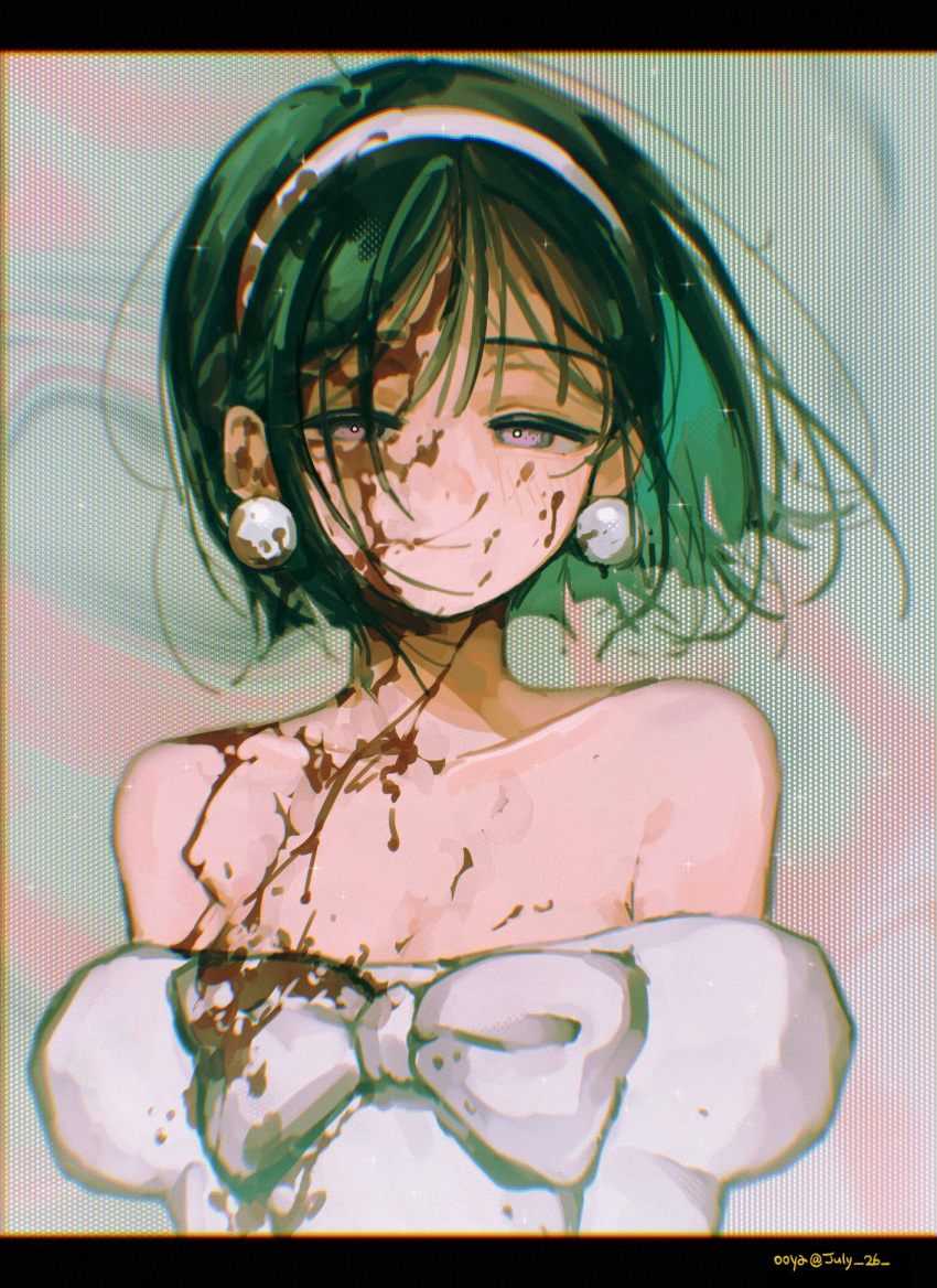 1girl, alien_stage, bare_shoulders, black_hair, blood, blood_in_hair, blood_on_clothes, blood_on_face