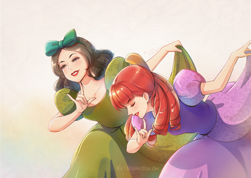 2girls, anastasia_tremaine, black_hair, blunt_bangs, bow, cinderella, closed_eyes, commentary, darikaart, dress, drill_hair, drizella_tremaine, english_commentary, green_bow, green_dress, grey_hair, hair_bow, highres, instagram_username, multiple_girls, puffy_short_sleeves, puffy_sleeves, purple_dress, red_lips, redhead, short_sleeves, siblings, simple_background, sisters, skirt_hold, smile