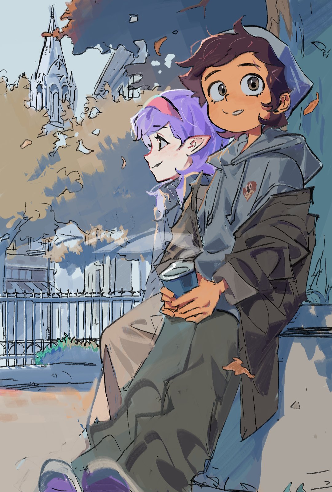 2girls, amity_blight, autumn_leaves, baggy_pants, beanie, brown_hair, coat, cup