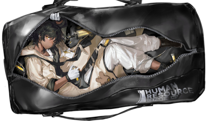 1boy, arknights, bag, black_bag, black_footwear, black_hair, black_shirt, brown_coat