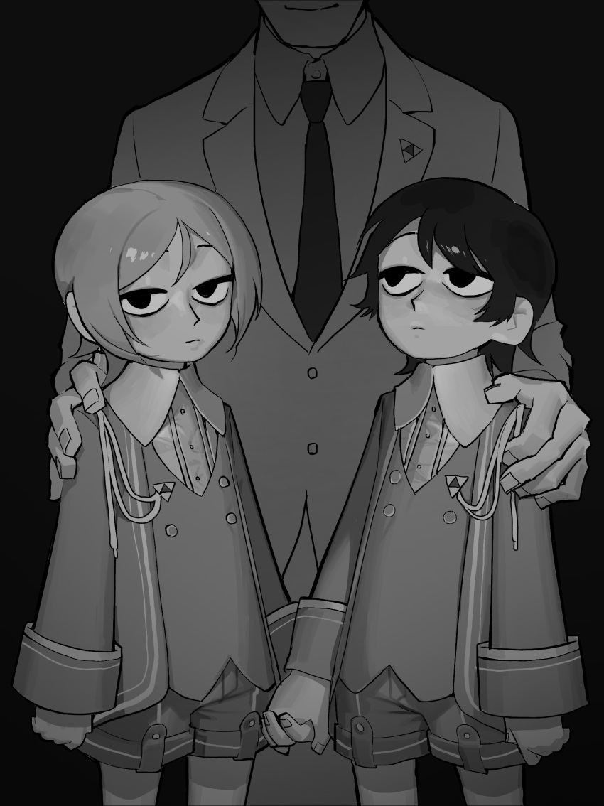 3boys, aged_down, black_background, bnm6517, brothers, closed_mouth, coat, collared_shirt