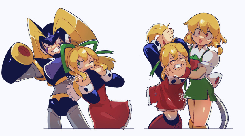 1boy, 2girls, arm_cannon, armor, bass_(mega_man), black_armor, black_helm, blonde_hair