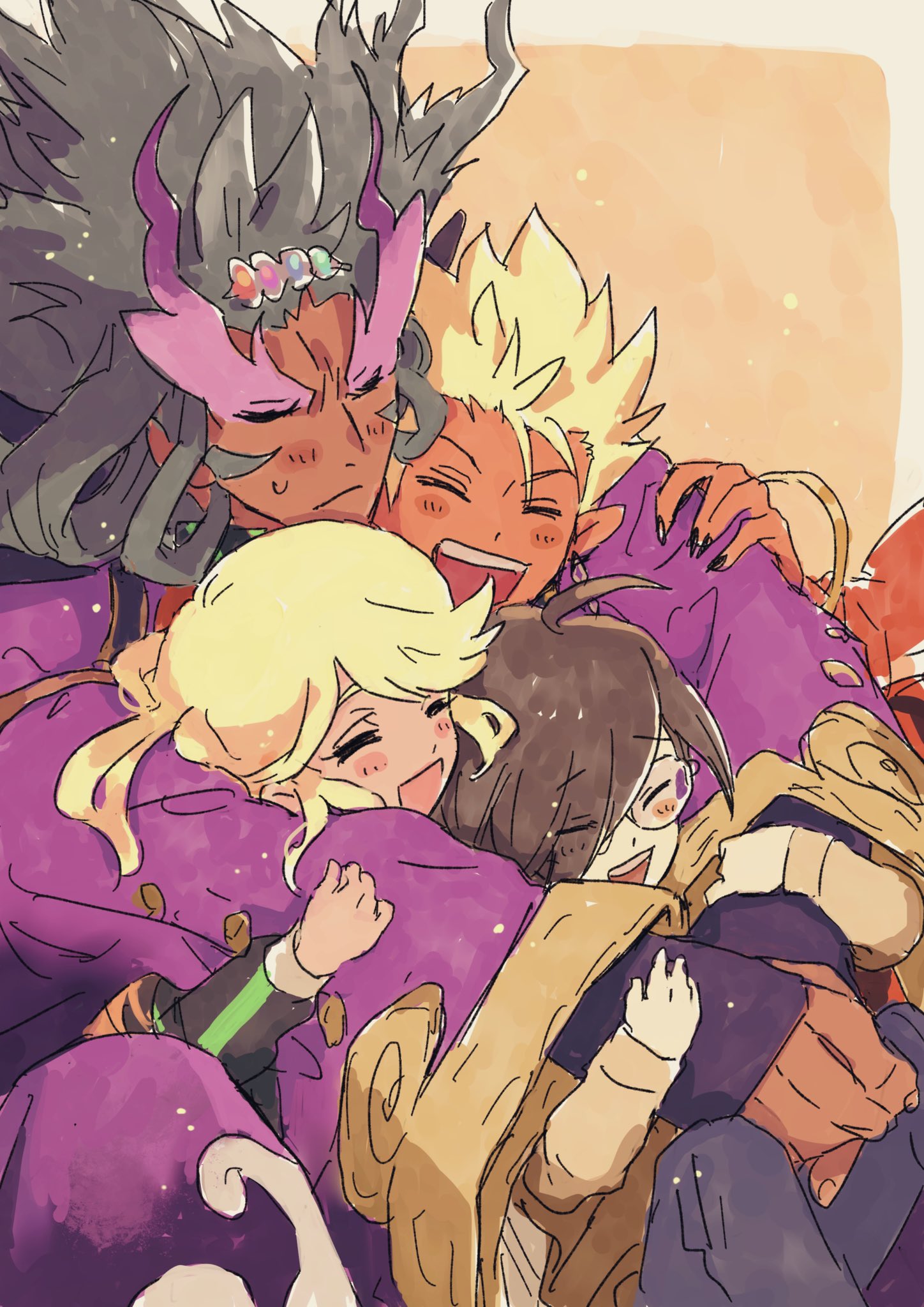 1girl, 3boys, ahoge, arms_around_neck, black_nails, blonde_hair, border, character_request