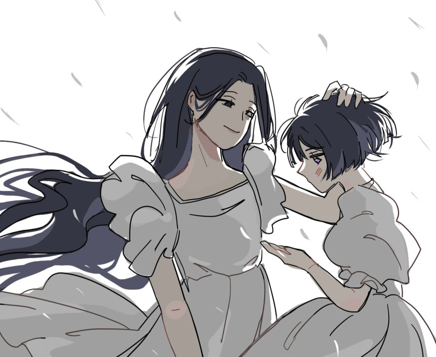 2girls, aged_down, alien_stage, black_eyes, black_hair, closed_mouth, commentary, ddangdangdangg, dress, english_commentary, frilled_sleeves, frills, grey_eyes, hand_on_another's_head, heterochromia, highres, long_hair, looking_at_another, looking_down, multiple_girls, puffy_short_sleeves, puffy_sleeves, short_hair, short_sleeves, siblings, simple_background, sisters, smile, snowing, square_neckline, sua's_sister_(alien_stage), sua_(alien_stage), very_long_hair, white_background, white_dress