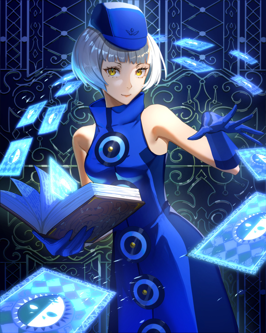 1girl, absurdres, bare_shoulders, blue_dress, blue_gloves, blue_hat, bob_cut, book