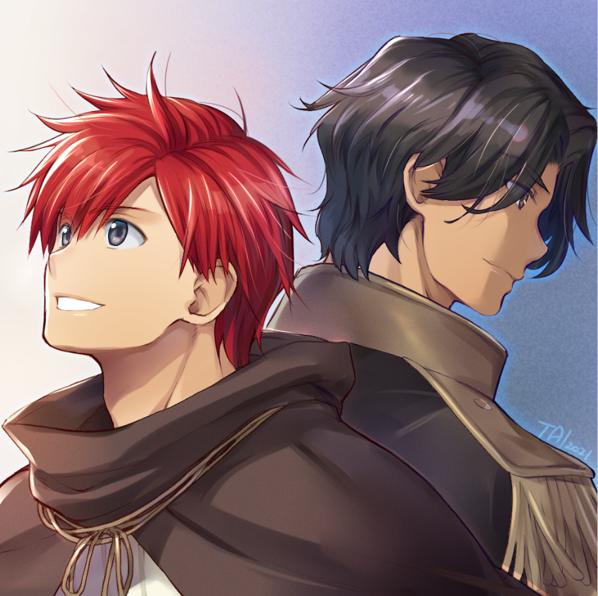 2boys, adol_christin, back-to-back, black_hair, brown_coat, brown_eyes, closed_mouth, coat