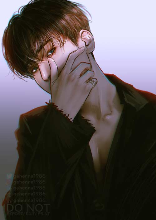 1boy, black_jacket, black_shirt, brown_hair, covering_own_mouth, eyeshadow, facebook_username, gehenna1986