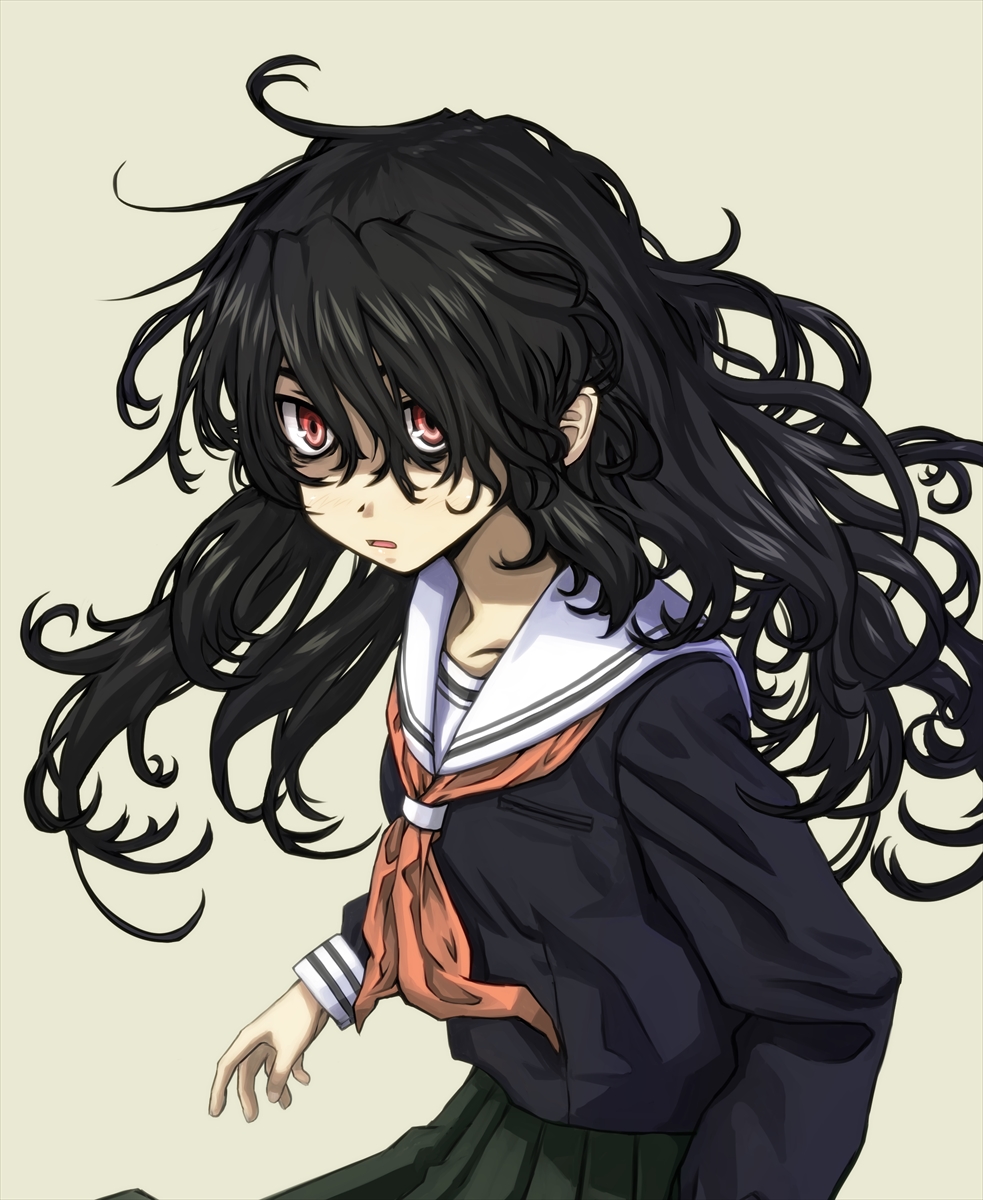 1girl, black_hair, commentary_request, floating_hair, grey_background, hair_between_eyes, highres, izumozaki_neneko