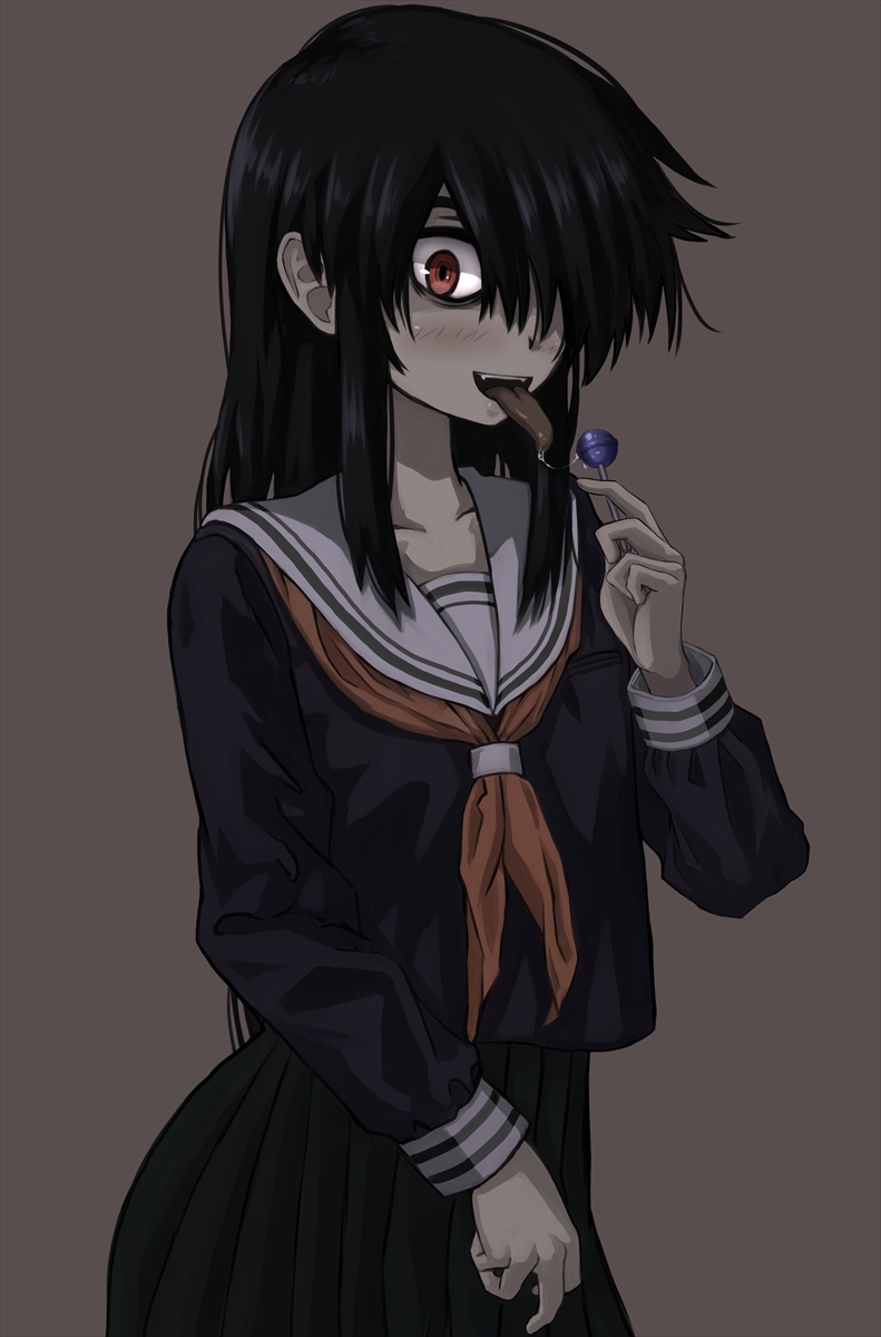 1girl, black_hair, candy, commentary_request, food, grey_background, hair_over_one_eye, highres
