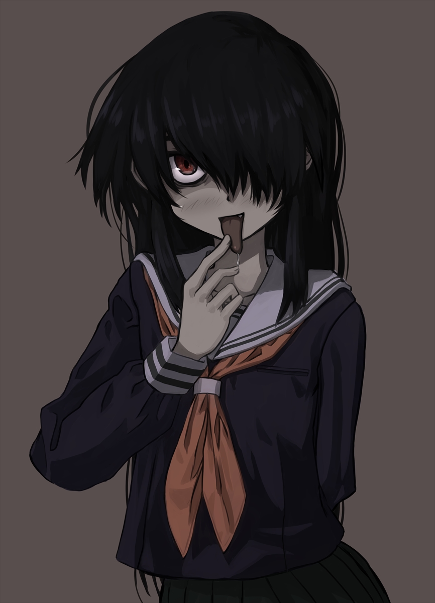 1girl, black_hair, blush, commentary_request, finger_to_tongue, grey_background, hair_over_one_eye, highres
