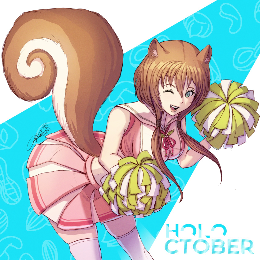1girl, animal_ears, ayunda_risu, brown_hair, cheerleader, green_eyes, highres, holding, holding_pom_poms, hololive, hololive_indonesia, long_hair, looking_at_viewer, one_eye_closed, pom_pom_(cheerleading), skirt, smile, solo, squirrel_ears, squirrel_girl, squirrel_tail, tail, virtual_youtuber, zambozedharma
