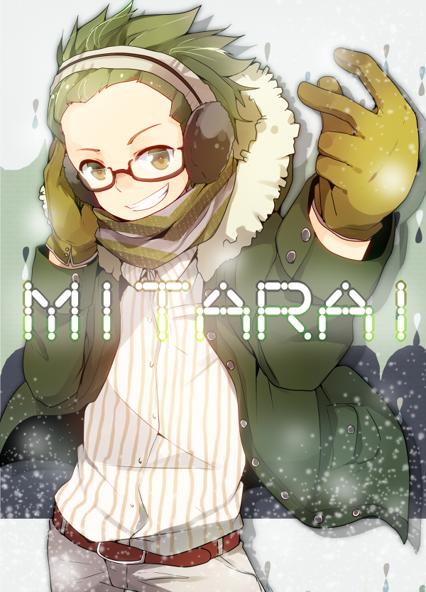 1boy, ayase08, earmuffs, forehead, foreshortening, glasses, gloves, green_eyes