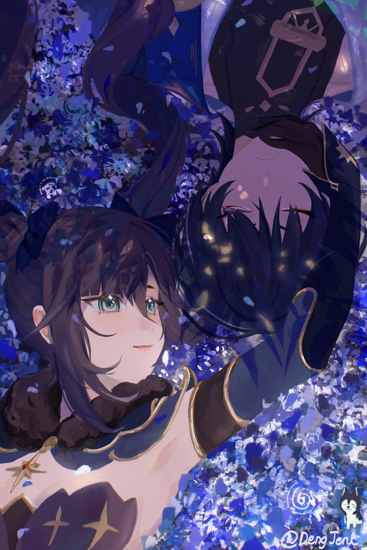 1boy, 1girl, armpits, black_bodysuit, black_bow, black_gloves, black_hair, blue_cape