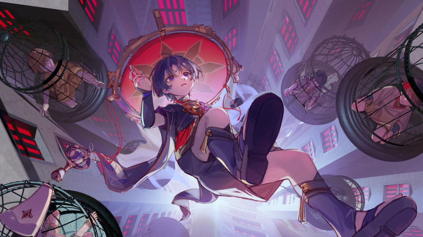 1girl, 4boys, armor, barred_window, birdcage, black_bodysuit, black_footwear, black_kimono, black_shorts, black_sleeves, bodysuit, bracelet, brown_kimono, cage, curled_fingers, dterl, falling, feathers, feet, foot_focus, furisode, genshin_impact, gold, gold_trim, grey_socks, han'eri, hat, headscarf, highres, in_cage, japanese_armor, japanese_clothes, jewelry, jinbei_(clothes), jingasa, kariginu, kimono, knees, kote, kurokote, layered_sleeves, mandarin_collar, midair, mitsudomoe_(shape), multicolored_hair, multiple_boys, nahida_(genshin_impact), niwa_(genshin_impact), no_eyes, okobo, open_hand, open_mouth, outstretched_arms, parted_lips, pom_pom_(clothes), purple_hair, purple_sleeves, raised_eyebrows, reaching_towards_another, red_hat, red_kimono, redhead, sandals, scaramouche's_sickly_friend_(genshin_impact), scaramouche_(genshin_impact), scaramouche_(kabukimono)_(genshin_impact), short_sleeves, shorts, skirt, socks, spread_arms, streaked_hair, string, tassel, tomoe_(symbol), violet_eyes, white_mouth, white_skirt, white_trim, wristlet, yellow_feathers, yukata