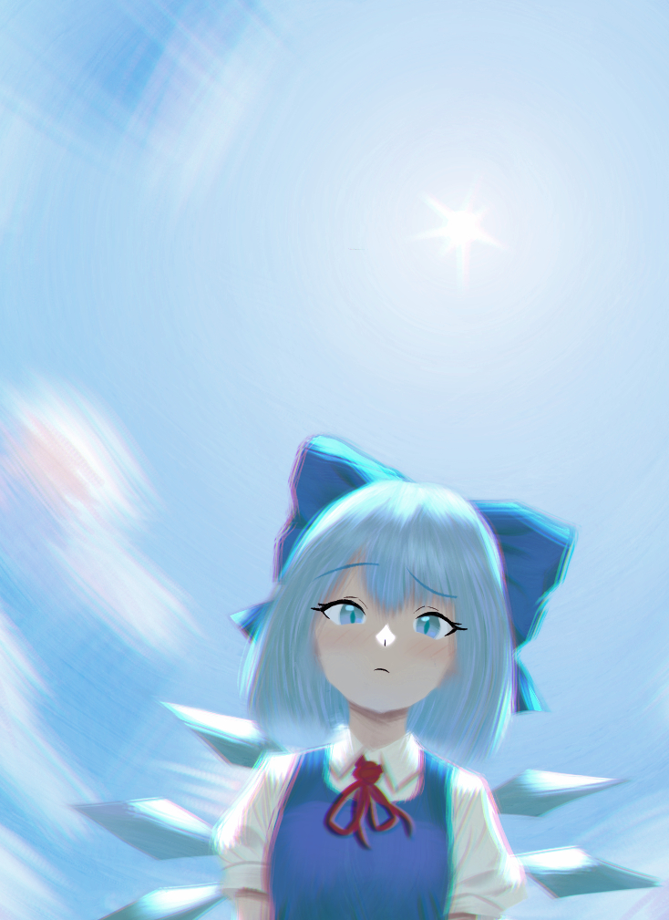1girl, blue_bow, blue_eyes, blue_hair, bow, chromatic_aberration, cirno, flandzen