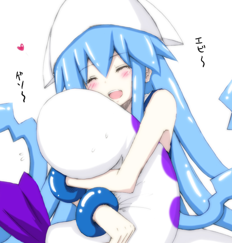 closed_eyes, crossover, dress, eyes_closed, hat, hug, ikamusume, long_hair, mukiebi_(sunred), rocha_(artist), shinryaku!_ikamusume, shrimp, stuffed_toy, tentacle_hair, tentai_senshi_sunred