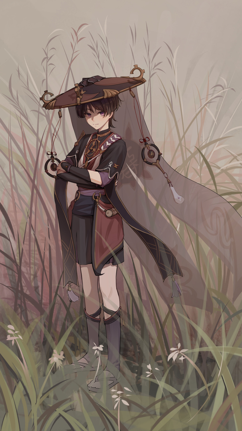 1boy, absurdres, armor, black_bodysuit, black_hair, black_kimono, black_shorts, black_sleeves