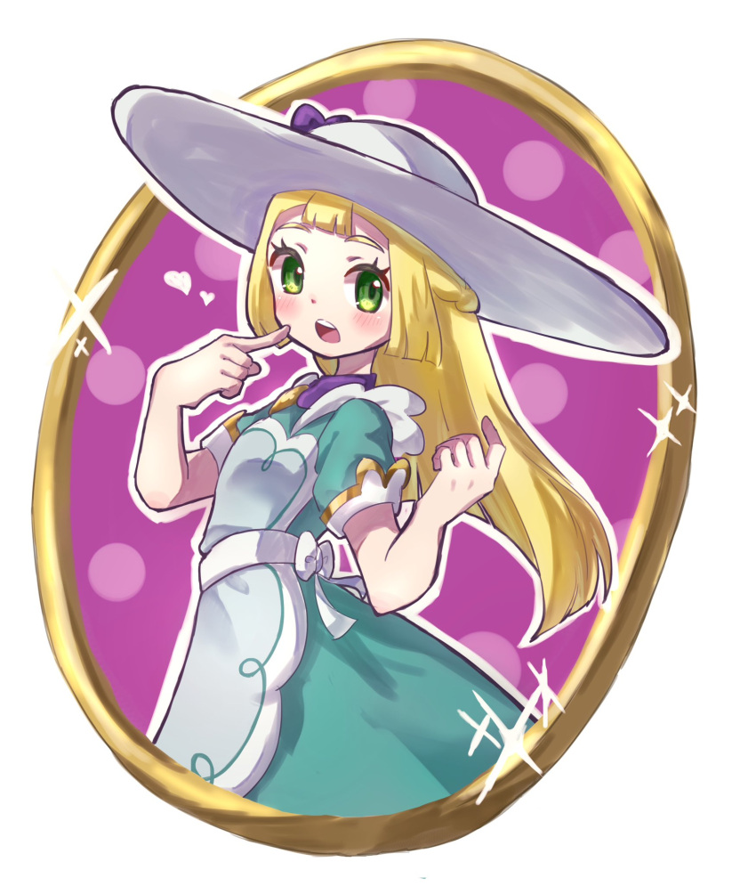 1girl, :o, blonde_hair, blue_dress, dress, eyelashes, green_eyes, hat