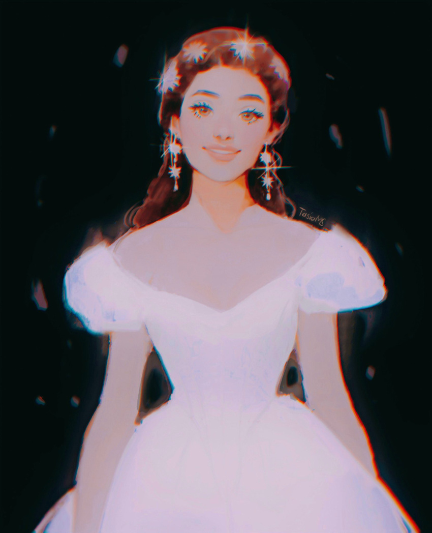 1girl, artist_name, black_background, brown_eyes, brown_hair, christine_daae, chromatic_aberration, commentary