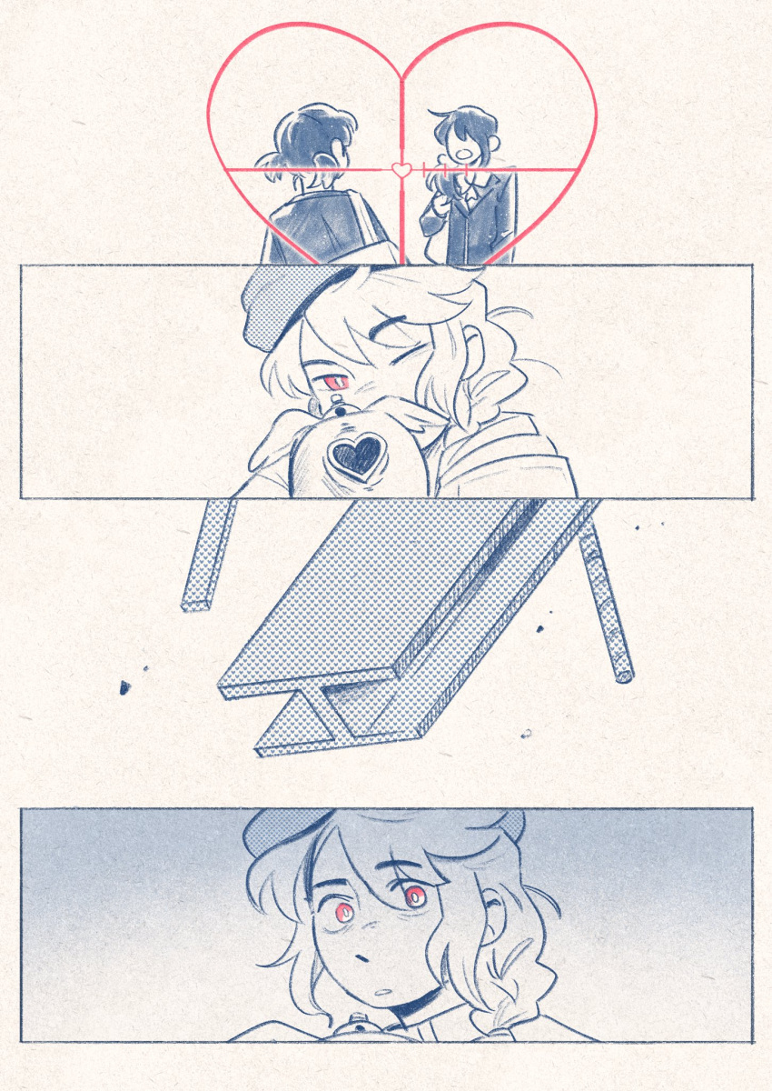 3girls, aiming, bag, beret, braid, crosshair, cupid, gun