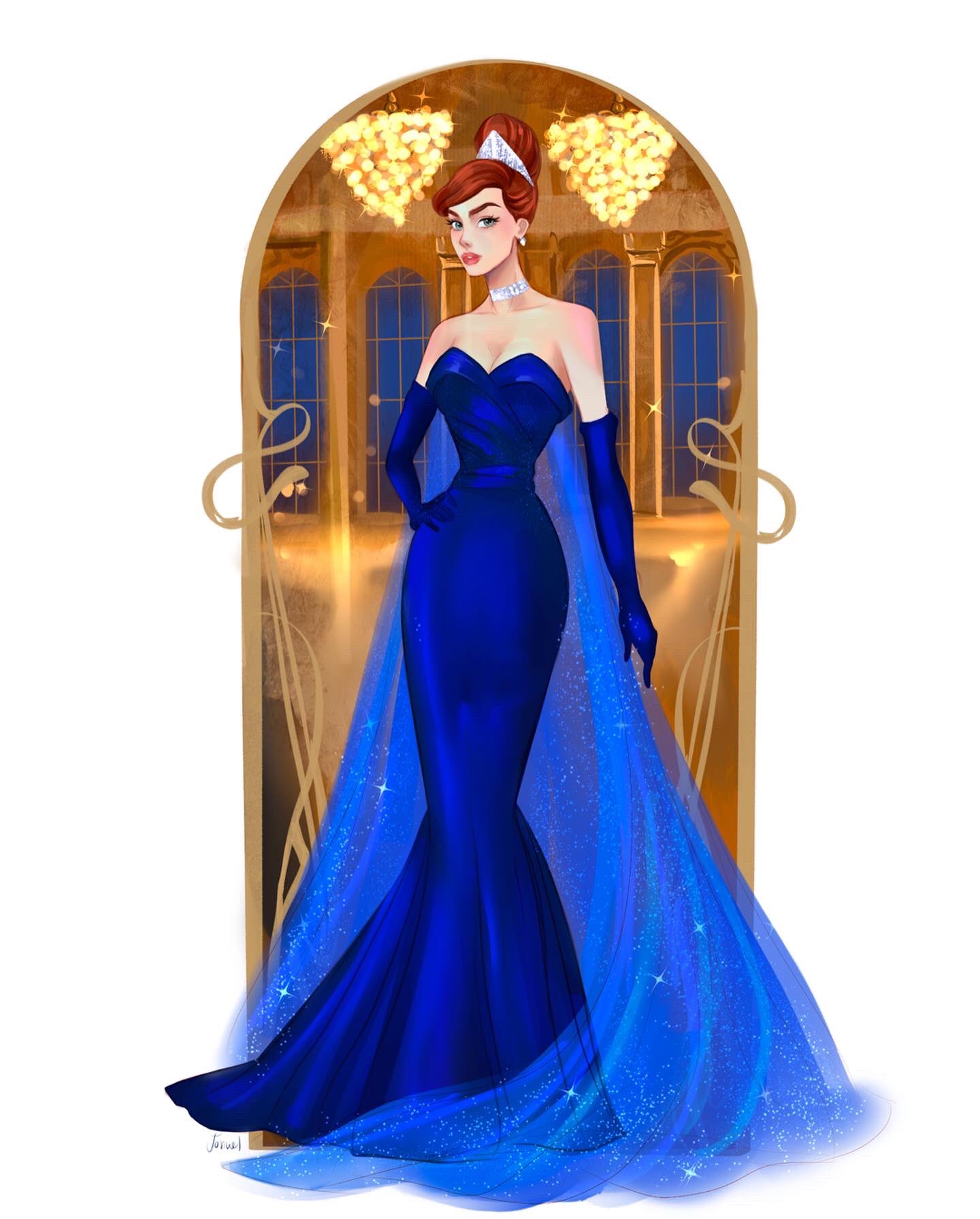 1girl, anastasia_(1997), anya_(anastasia), blue_dress, chandelier, choker, commentary, crown