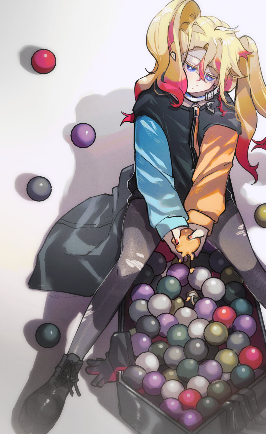 1girl, absurdres, axel_syrios, between_legs, black_leggings, blonde_hair, blue_eyes, braid