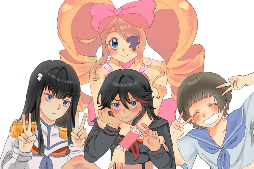 4girls, bad_link, big_hair, black_hair, blush, bow, brown_hair, dress, drill_hair, earrings, epaulettes, harime_nui, heart, heart_earrings, highres, honnoji_academy_uniform, huge_bow, jewelry, kamui_(kill_la_kill), kill_la_kill, kiryuuin_satsuki, li_hh, living_clothes, mankanshoku_mako, matoi_ryuuko, multicolored_hair, multiple_girls, pink_bow, raised_eyebrows, redhead, revealing_clothes, senketsu, short_hair, siblings, sisters, strapless, strapless_dress, streaked_hair, suspenders, tareme, thick_eyebrows, tsurime, twin_drills, two-tone_hair, v, white_background
