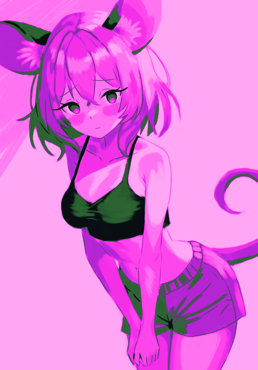 1girl, animal_ears, breasts, cowboy_shot, flandzen, hair_between_eyes, highres, leaning_forward