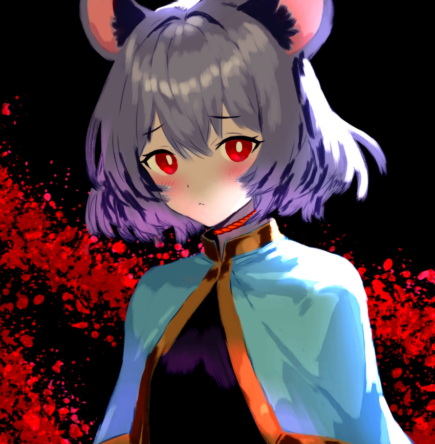 1girl, :/, animal_ears, blue_capelet, capelet, choker, flandzen, highres, medium_hair, mouse_ears, mouse_girl, nazrin, raised_eyebrows, red_background, red_choker, red_eyes, rope_choker, solo, touhou, upper_body