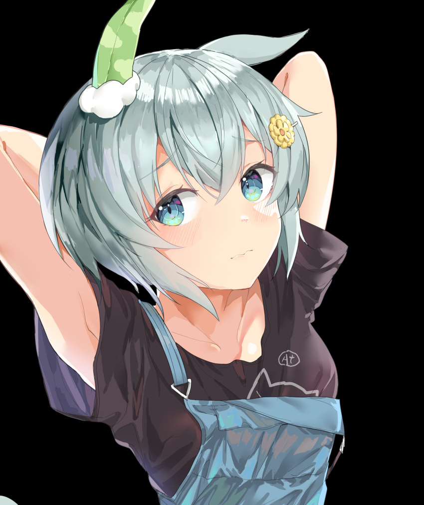1girl, absurdres, animal_ears, arms_behind_head, black_background, black_shirt, blue_eyes, blue_overalls, casual, chinese_commentary, closed_mouth, commentary_request, ear_covers, frown, grey_hair, hair_ornament, hairclip, highres, hiroshi_(xswl_1919007), horse_ears, horse_girl, looking_at_viewer, overalls, seiun_sky_(umamusume), shirt, short_hair, short_sleeves, simple_background, single_ear_cover, solo, t-shirt, umamusume, upper_body