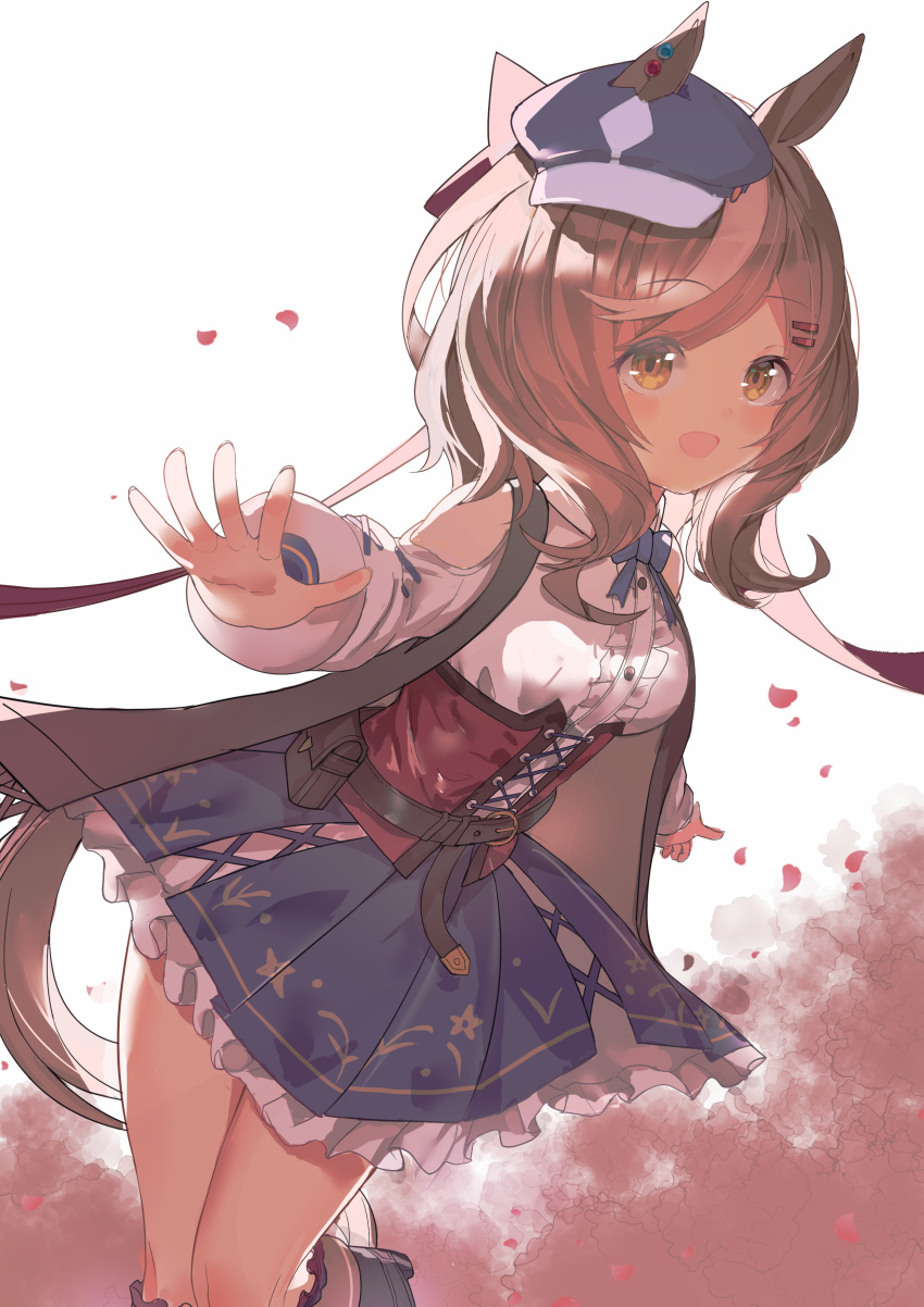 1girl, absurdres, animal_ears, blue_bow, blue_bowtie, blue_hat, blue_skirt, boots