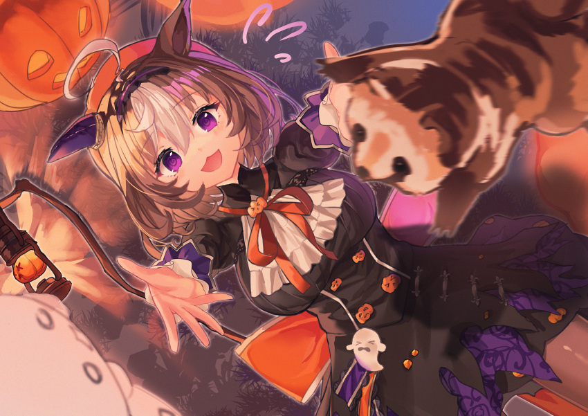 1girl, absurdres, ahoge, animal_ears, ascot, back_bow, black_dress, blurry