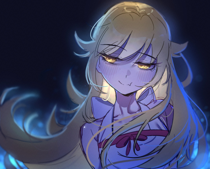 1girl, absurdres, bare_shoulders, blonde_hair, blush, bow, fang, highres