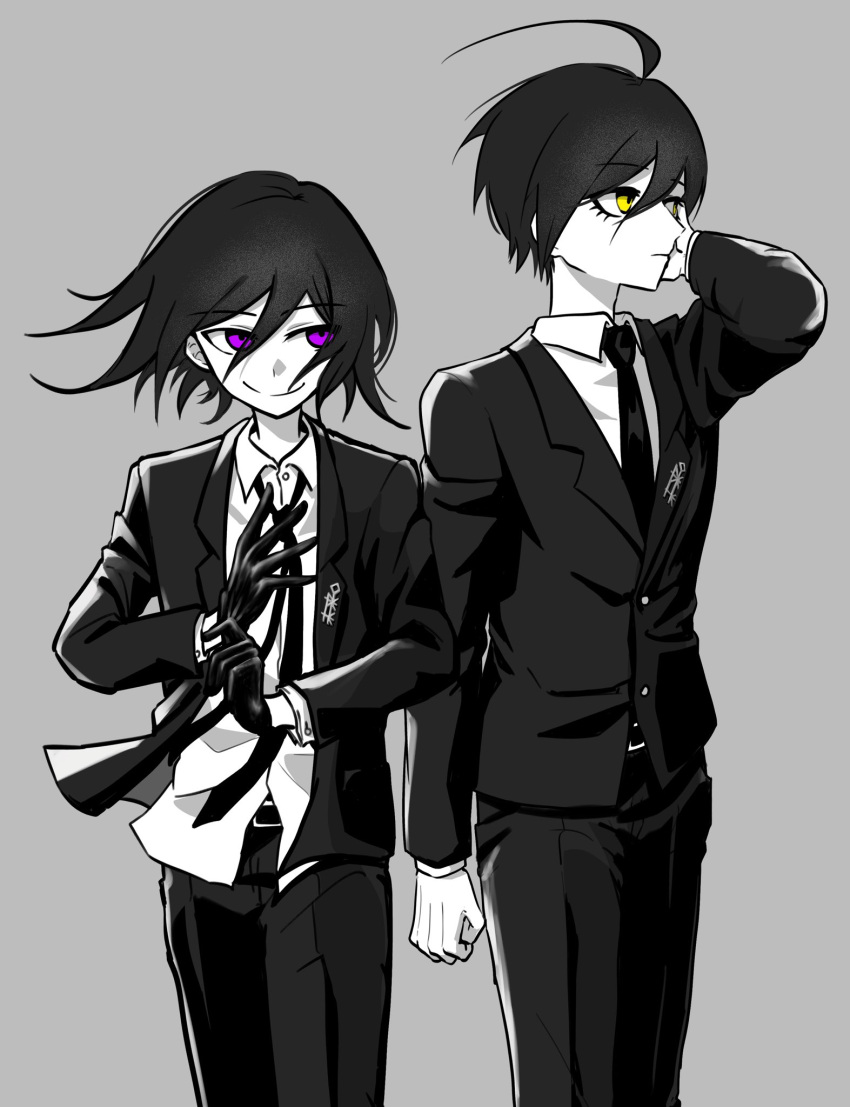 2boys, adjusting_clothes, adjusting_gloves, ahoge, black_hair, black_suit, buttons, closed_mouth