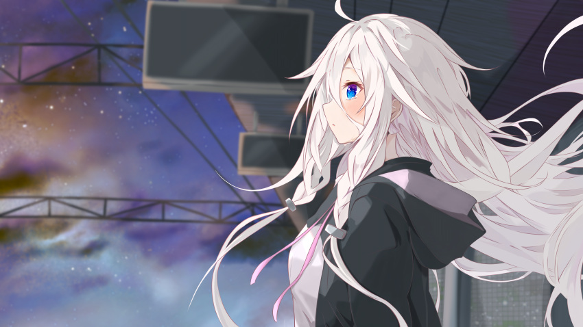 1girl, absurdres, ahoge, black_jacket, blue_eyes, blurry, blush, braid