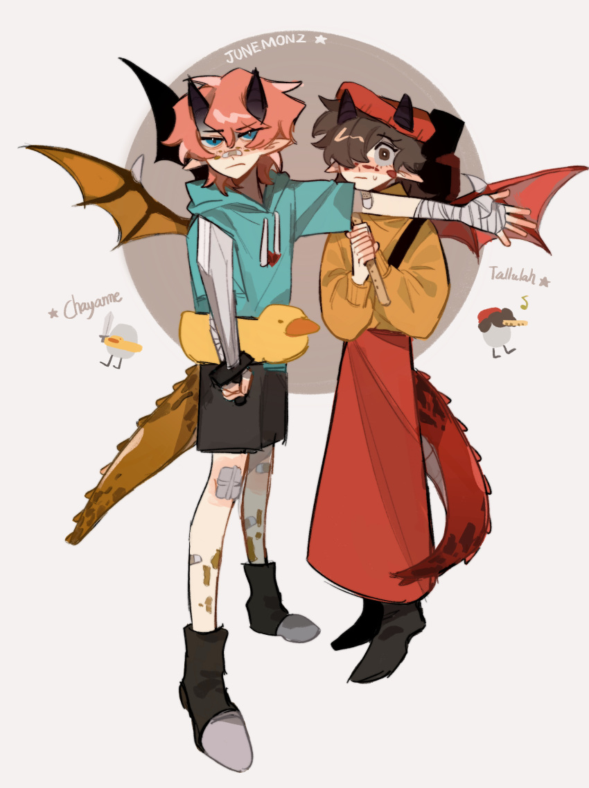 1boy, 1girl, absurdres, aqua_hoodie, bandaid, bandaid_on_leg, beanie, black_footwear, black_shorts, blue_eyes, boots, brother_and_sister, brown_eyes, brown_hair, character_name, chayanne, chinese_commentary, commentary_request, dragon_boy, dragon_girl, dragon_horns, dragon_tail, dragon_wings, dual_persona, duck_innertube, egg, flute, full_body, hardcore_heart, hat, heart, highres, holding, holding_flute, holding_instrument, holding_sword, holding_weapon, hood, hood_down, horns, instrument, jitome, junemonz, long_hair, long_skirt, long_sleeves, looking_at_viewer, minecraft_youtube, personification, pink_hair, pointy_ears, protecting, quackity_smp, red_hat, red_skirt, scared, short_hair, shorts, siblings, skirt, standing, sweater, sword, tail, tallulah_(old_design)_(quackity_smp), tallulah_(quackity_smp), weapon, wings, yellow_sweater