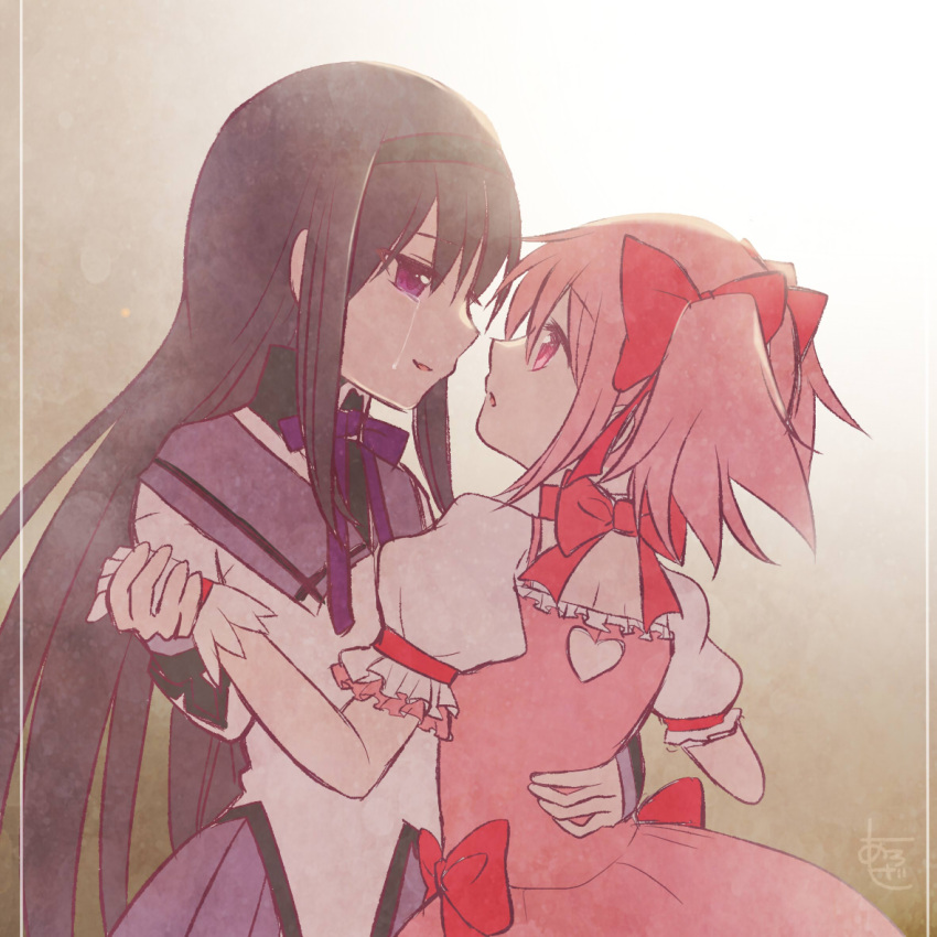 2girls, akemi_homura, aroze, back_cutout, black_capelet, black_hair, black_hairband, bow