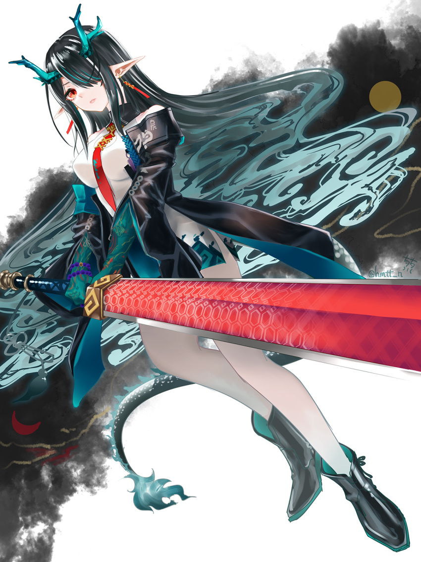 1girl, arknights, bead_bracelet, beads, black_hair, black_jacket, bracelet, colored_skin