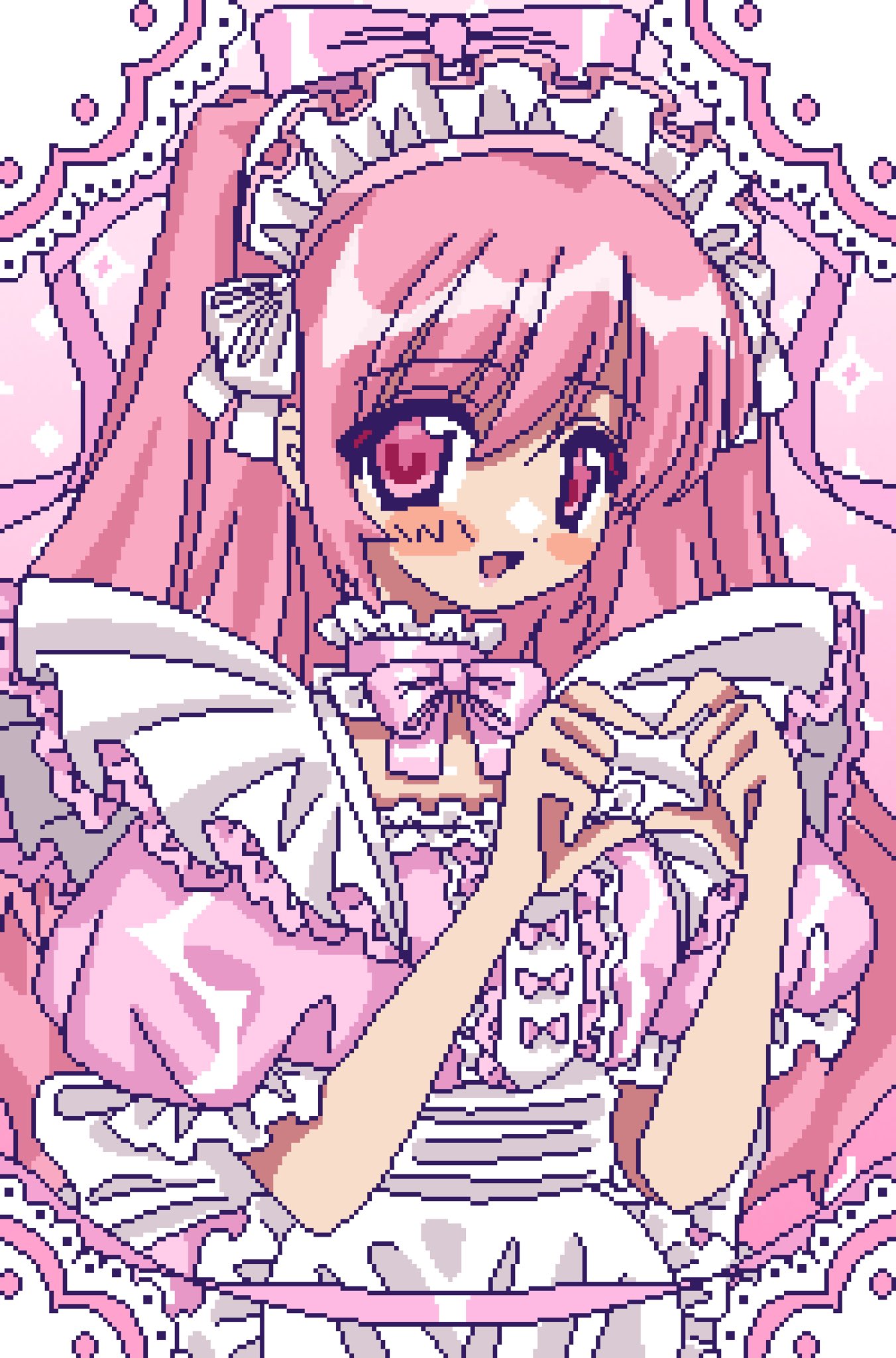 1girl, 2000s_(style), amnyuixx, apron, blush, bow, bow_choker, choker, commentary, dress, frilled_apron, frilled_choker, frilled_dress, frilled_hairband, frills, hair_bow, hairband, heart, heart_hands, highres, long_hair, looking_at_viewer, maid, maid_apron, maid_headdress, open_mouth, original, pink_bow, pink_choker, pink_dress, pink_eyes, pink_hair, pink_theme, pixel_art, puffy_short_sleeves, puffy_sleeves, short_sleeves, smile, solo, symbol-only_commentary, twintails, upper_body, very_long_hair, white_apron, white_hairband