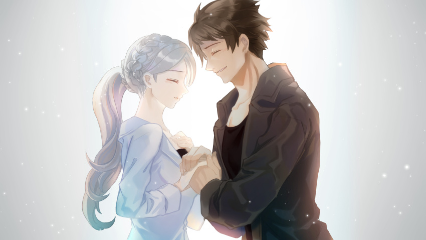 1boy, 1girl, black_shirt, blush, braid, brown_hair, brown_jacket, closed_eyes