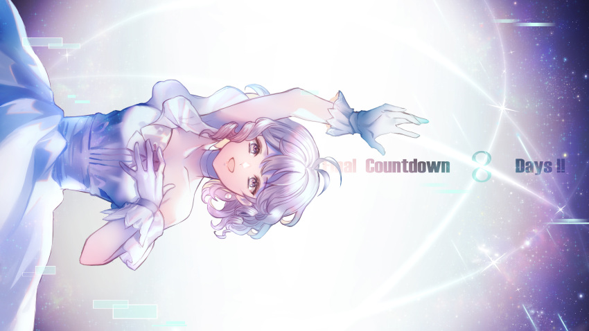 1girl, ahoge, arm_up, bow, choker, collarbone, countdown_illustration, dress